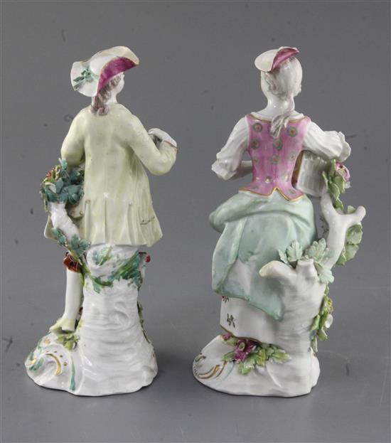 A pair of Derby figures of Liberty and Matrimony, c.1760, h. 22cm and 22.5cm, some restoration